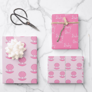Pink Baby Girl Oyster shell and Pearl Baby Shower Wrapping Paper Sheet