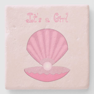 Pink Baby Girl Oyster shell and Pearl Custom Stone Coaster