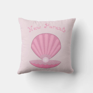 Pink Baby Girl Oyster shell and Pearl New Parents Outdoor Pillow