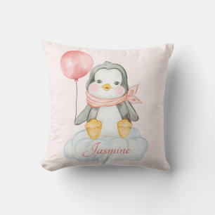 Pink Baby Girl Penguin Throw Pillow