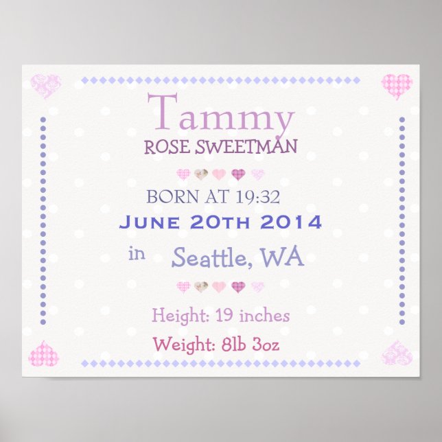 Pink Baby Girl personalized date of birth print (Front)