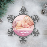Pink Baby Girl Personalized Name Photo Snowflake Pewter Christmas Ornament<br><div class="desc">Simply elegant photo ornament for baby's First Christmas can be personalized with a newborn photo and custom text for the first name. The plum pink background color can be changed to match your photo!</div>