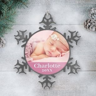 Pink Baby Girl Personalized Name Photo Snowflake Pewter Christmas Ornament