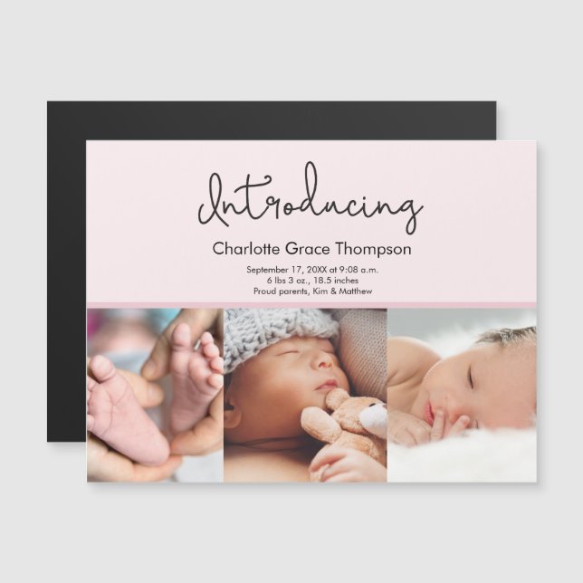 Pink Baby Girl Photos Introducing script Custom Magnetic Invitation (Front/Back)