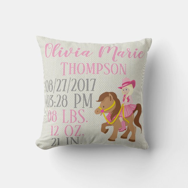Pink Baby Girl Riding Western Horse Pony Birth Throw Pillow (Front)