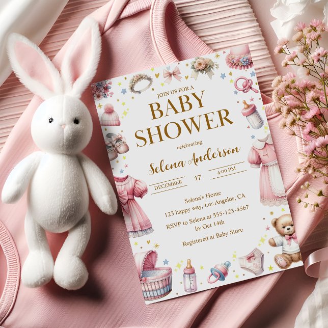 Pink Baby Girl Shower Invitation with Cute Toys  (Creator Uploaded)