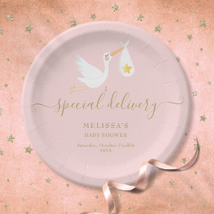 Pink Baby Girl Shower Special Delivery Stork Star Paper Plate