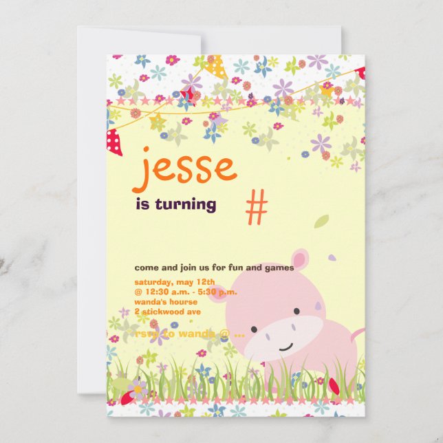 Pink Baby Hippo Personalized Party/photo Invitation (Front)