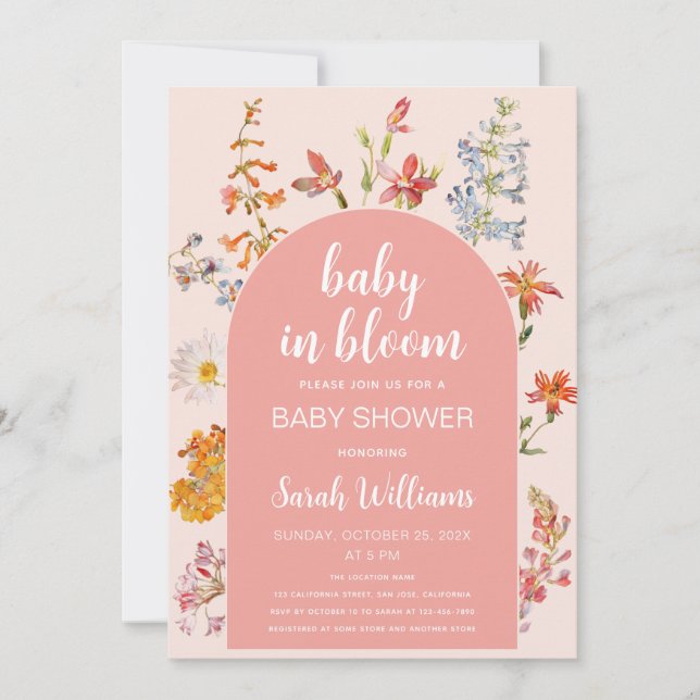 Pink Baby in Bloom Floral Girl Shower Wildflowers  Invitation (Front)