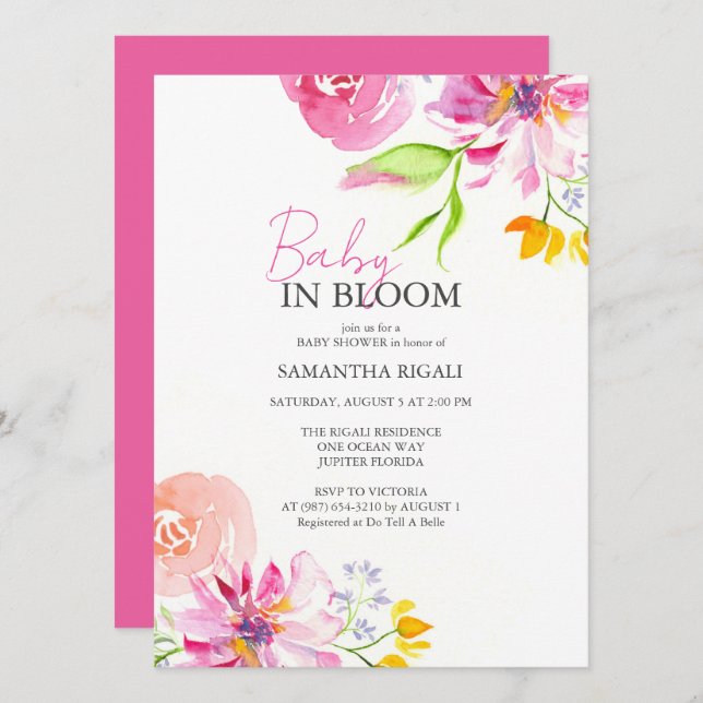 Pink Baby In Bloom Invitations (Front/Back)