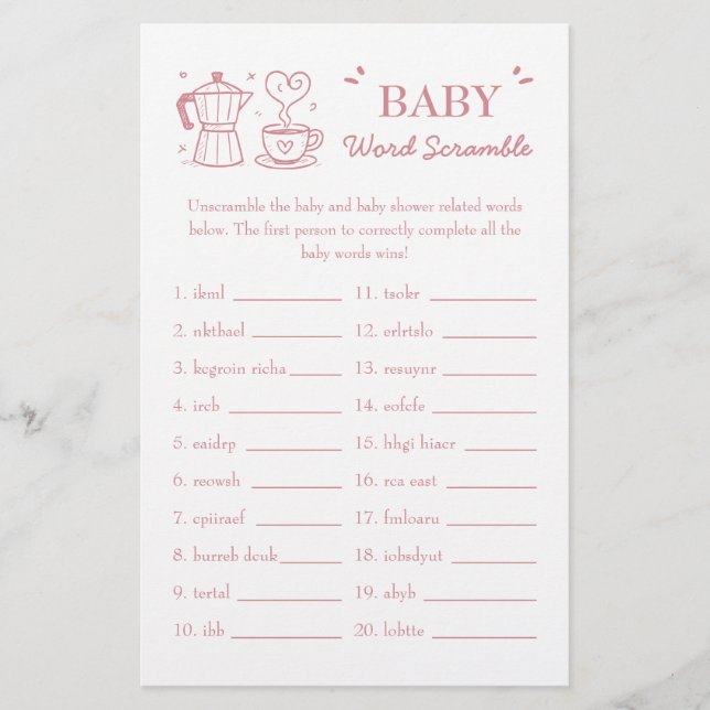 Pink Baby Is Brewing Baby Word Scramble Game (Front)