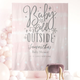Pink Baby Its Cold Outside Baby Shower Backdrop Tapestry