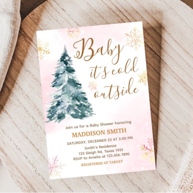 Pink Baby It's Cold Outside Baby Shower Invitation (Pink Gold Winter Cold Outside Baby Shower Invitation)
