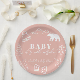 Pink Baby It's Cold Outside Hand-drawn Baby Shower Paper Plate
