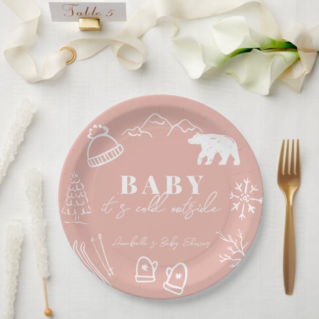 Pink Baby It's Cold Outside Hand-drawn Baby Shower Paper Plate (Wedding)