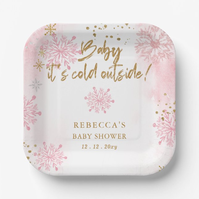 Pink Baby its Cold Outside Winter Baby Shower Paper Plate (Front)