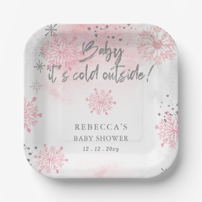 Pink Baby its Cold Outside Winter Baby Shower Paper Plate (Front)