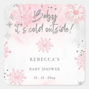 Pink Baby its Cold Outside Winter Baby Shower Square Sticker