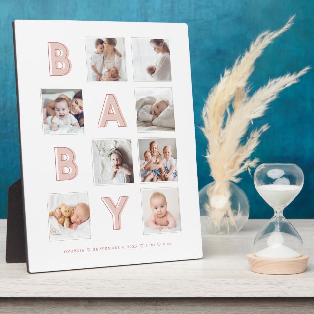 Pink Baby Letters Newborn Baby Photo Grid Collage Plaque (Side)