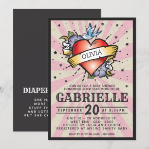 Pink Baby Name Rock and Roll Tattoo Baby Shower Invitation