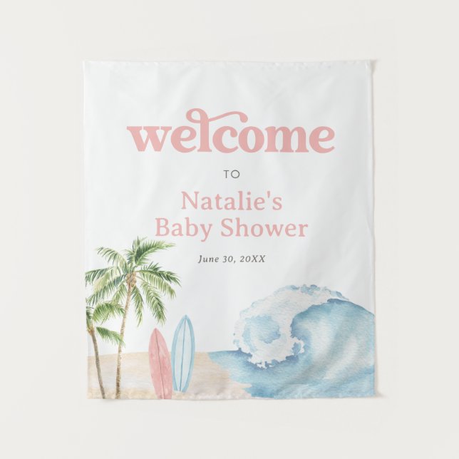 Pink Baby on Board Surf Baby Shower Welcome Sign Tapestry (Front)