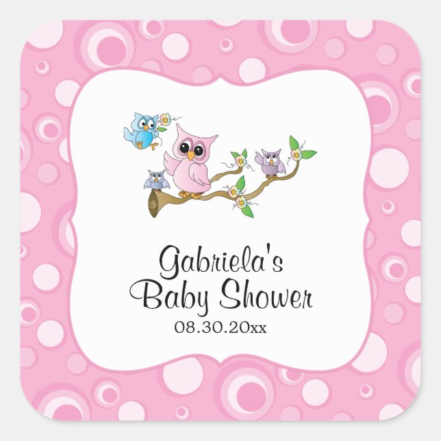 Pink Baby Owl Baby Shower Theme Square Sticker (Front)