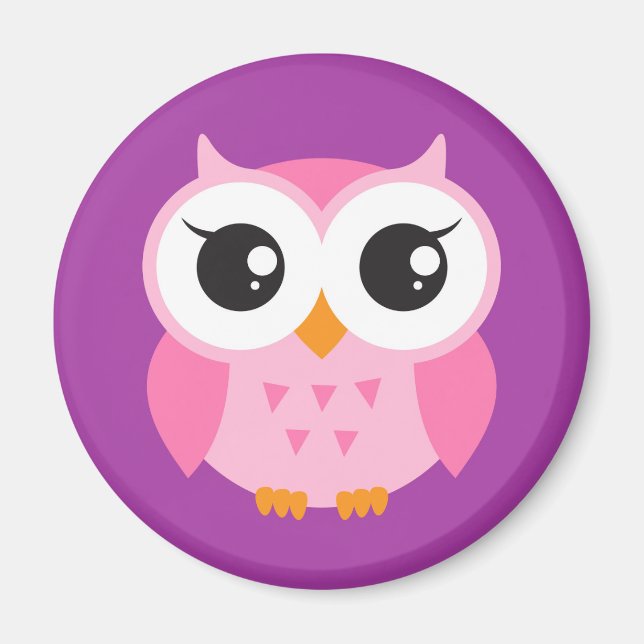 Pink baby owl on purple background fridge magnet (Front)