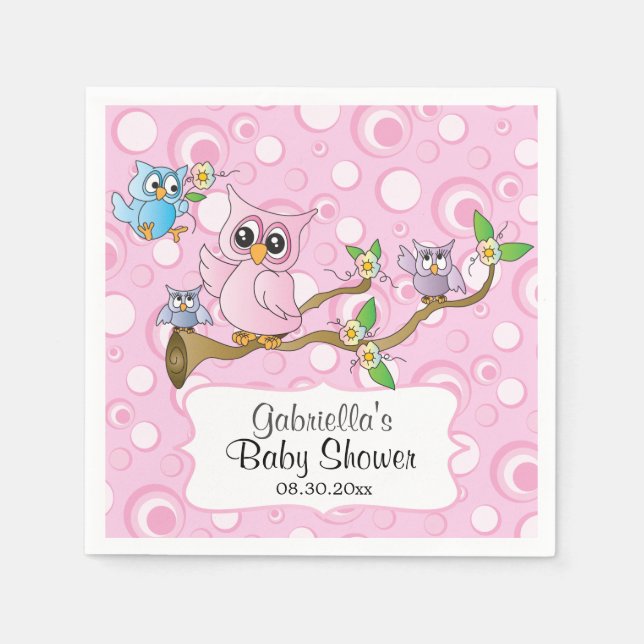 Pink Baby Owls On a Branch Napkin (Front)