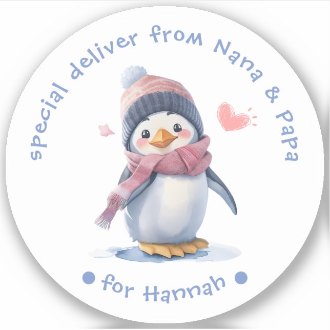 Pink Baby Penguin Christmas for Kids Gift Label (Front)