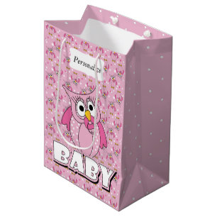 Pink Baby Polka Dotted Owl Medium Gift Bag