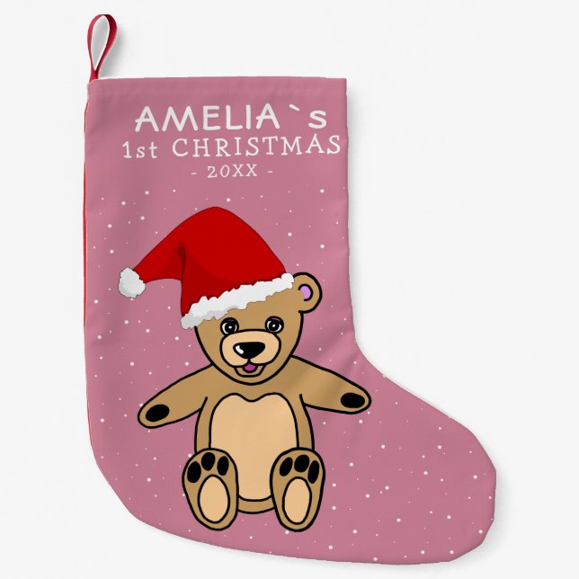 Pink Baby`s First Christmas Teddy Bear Santa Hat Small Christmas Stocking (Front)