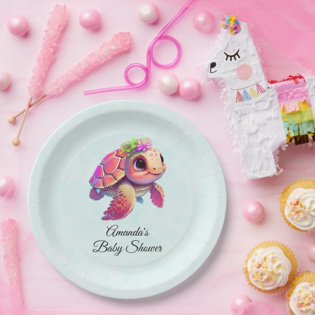 Pink Baby Sea Turtle Whimsical & Cute Baby Shower Paper Plate (Party)