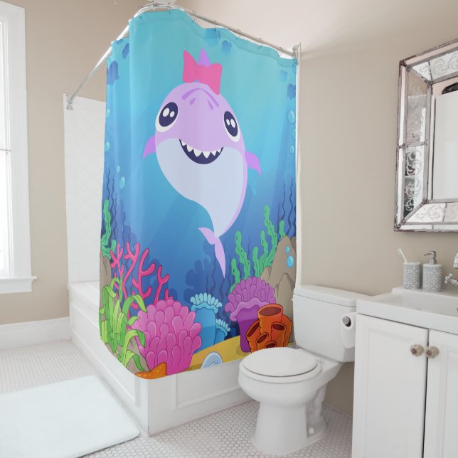 Pink Baby Shark Shower Curtain (In Situ)