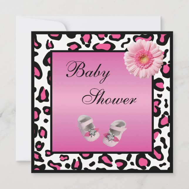 Pink Baby Shoes Gerbera & Animal Print Baby Shower Invitation (Front)