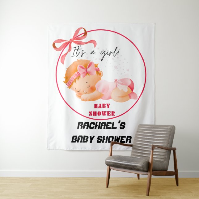 Pink Baby Shower, Baby Girl Party Backdrop Tapestry (In Situ)