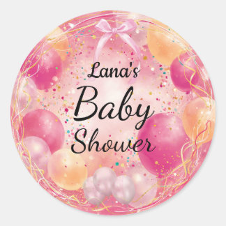 Pink Baby Shower Elegant Bow & Confetti Classic Round Sticker