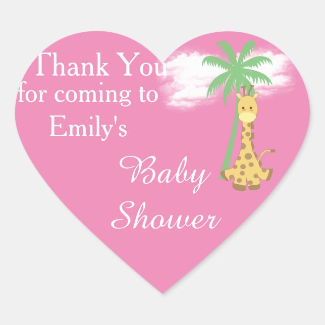 Pink baby shower giraffe thank you stickers (Front)