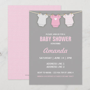 Pink Baby Shower Invitation, Clothesline Theme Invitation