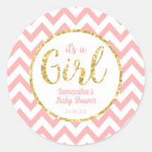 Pink Baby Shower Round Sticker | Chevron and Gold
