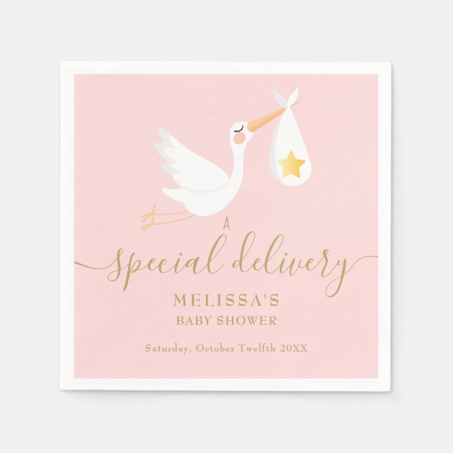 Pink Baby Shower Special Delivery Stork Gold Star Napkin (Front)