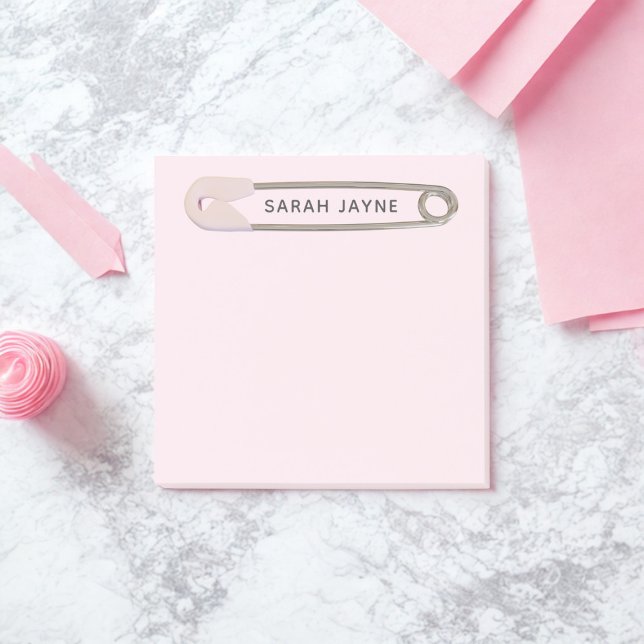 Pink Baby Shower Square Post-It Notes (Pink Girl Baby Shower Simple Diaper Pin Post-it Notes with space for your name)
