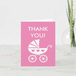 Pink baby shower thank you card with carriage pram