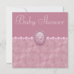 Pink Baby Shower Vintage Cameo & Pearls Invitation