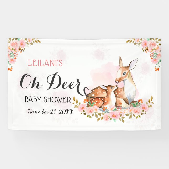 Pink Baby Shower Watercolor Deer Rose Backdrop Banner (Horizontal)