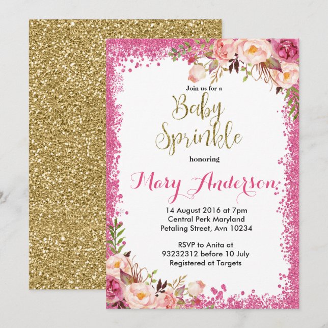 Pink Baby Sprinkle Invitations Fille (Devant / Derrière)