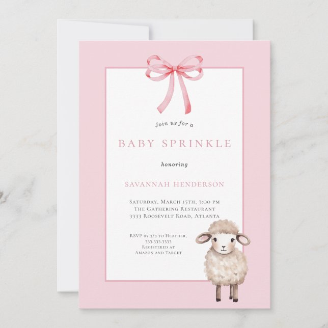 Pink Baby Sprinkle with Bow & Cute Lamb Invitation (Front)