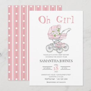  Pink baby stroller Blossom Baby Shower   Invitation