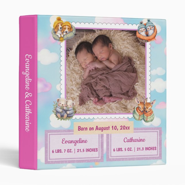 Pink Baby Twins, Double Blessing Photo Album Binder (Front/Spine)