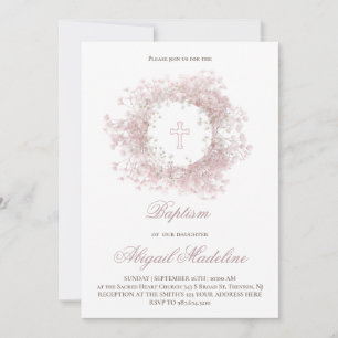Pink Baby's Breath flowers Baptism  Invitation