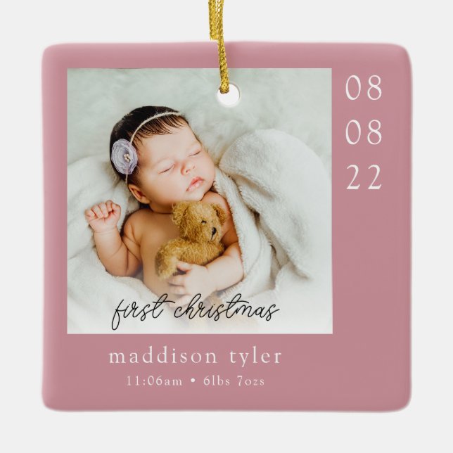 Pink Baby's First Christmas Photo Ceramic Ornament (Front)